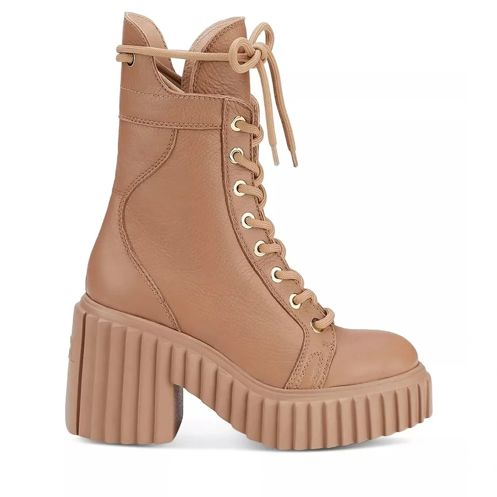 AGL Tania Leather Platform Combat Boots Camel Brown Lace Up Made Italy 7.5